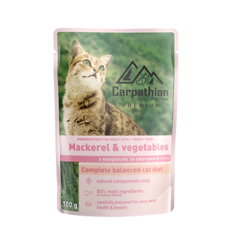 HRANA UMEDA PISICI CARPATHIAN PREMIUM SCRUMBIE SI LEGUME CU MACROU SI LEGUME IN SOS 100 G 24BC/ BAX