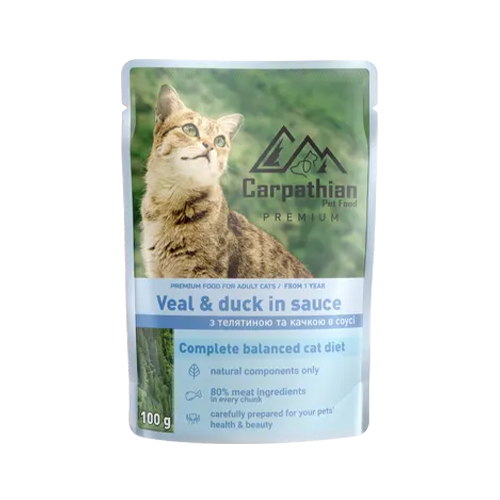 HRANA UMEDA PISICI CARPATHIAN PREMIUM VEAL & DUCK IN SOS CU VITEL SI RATA 100 G 24BC/BAX