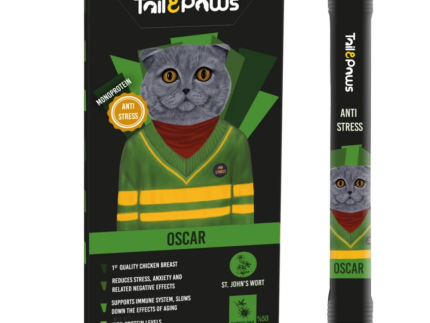 Tail Paws OSCAR Gustare Monoproteica PREMIUM Antistres - Crema cu Pui 50% Carne in Compozitie cu Extract de Sunatoare si Floarea Pasiunii 5 buc/cutie
